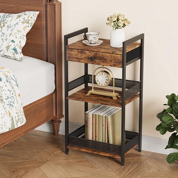 FAVOOSTY Bathroom Ladder Shelf, 3-Tier Bathroom Floor Storage Shelf with Drawer, Freestanding Towel Shelf, Bookcase End Table Open Shelving Unit for Living Room,Balcony, Rustic Brown