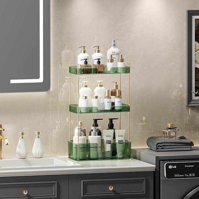 3 Tier Bathroom Organizer Countertop Makeup Perfume Tray Skincare Organizer for Bathroom Dresser Vanity (Green)