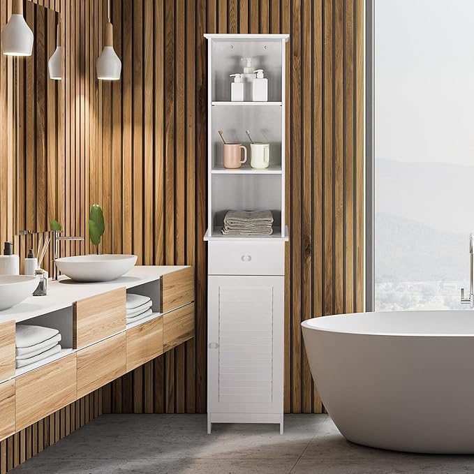 LOKO Bathroom Tall Cabinet, Modern Storage Cabinet with 2 Adjustable Shelves, Bathroom Linen Tower with 3 Open Shelves and 1 Drawer, 13.5 x 12 x 64.5, White
