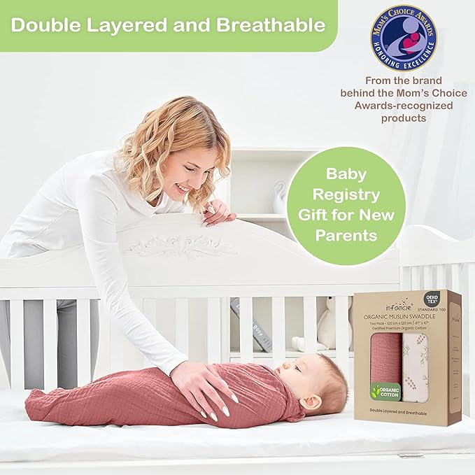 100% Organic Cotton Muslin Baby Blanket - 47x47 Inch Breathable Swaddle, Hypoallergenic Double-Layer, Versatile Use (Pink Floral, 47x47 Inch)