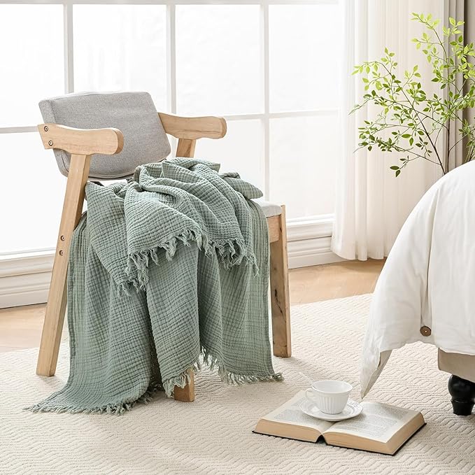 Muslin Blanket 100% Cotton Blanket Throw 50”x65”, Lightweight Breathable Summer Blanket Throw. Supersoft 4-Layer Gauze Throw Blanket for Sofa, Couch, Bed, All-Season Use, Sage Green