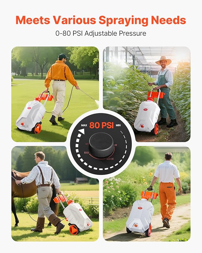 Battery-Powered Sprayer with Wheeled Cart, 10 Gallons Electric Weed Sprayer, Adjustable 0-80 PSI, Yard Lawn Sprayers with Wheels, 5 Nozzles & 98ft Hose, 3-6H Spray Time, for Weeding, Cleaning