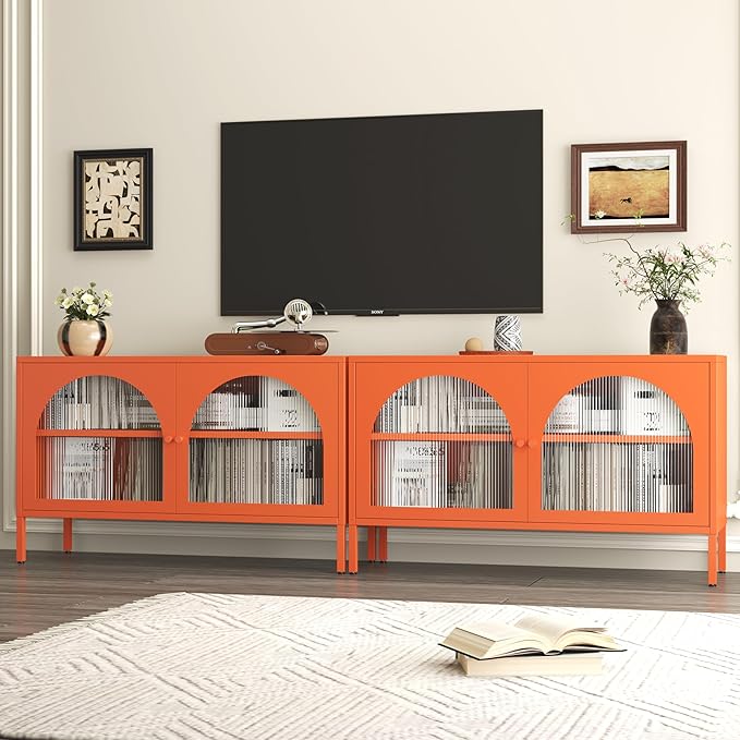 Metal Locker TV Stand, Modern Accent CD Storage Cabinet with 2 Acrylic Doors, Short Display Cabinet with Adjustable Shelf, TV Cabinets for Home,Office,Entryway,Dining/Living Room,Bedroom,Orange