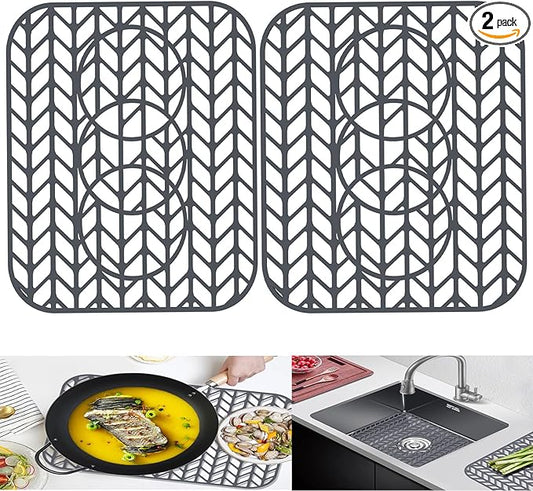 AWOKE Sink Protectors for Kitchen Sink - 13.6"x 11.6" Sink Mat - Heat-resistant Easy-clean Silicone Sink Mat - for Protection of Stainless Steel Sink with 3 Reserved Holes Pack of 2