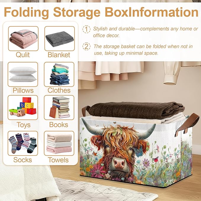 Flower Highland Cow Storage Bins with Handles, Collapsible Storage for Clothes, Gift Basket, Blankets & Closet Organization