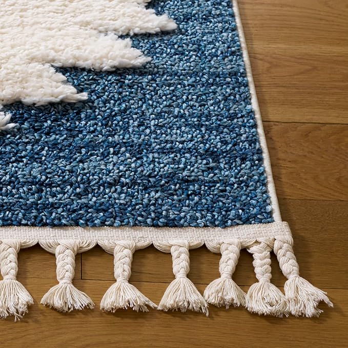 SAFAVIEH Area Rug 8x10 - Moroccan Tassel Shag Collection - Large - Blue & Ivory, Boho Design, Non-Shedding & Easy Cleaning, Plush Pile, Ideal for Living Room, Bedroom, Dining Space (MTS652M)