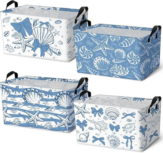 4 Pcs Coastal Beach Storage Basket Fabric Laundry Baskets with Handle Summer Ocean Blue Bow Foldable Organizer Boxes for Office Home Bedroom Baby Cloth Toy Book 15 x 10 x 8