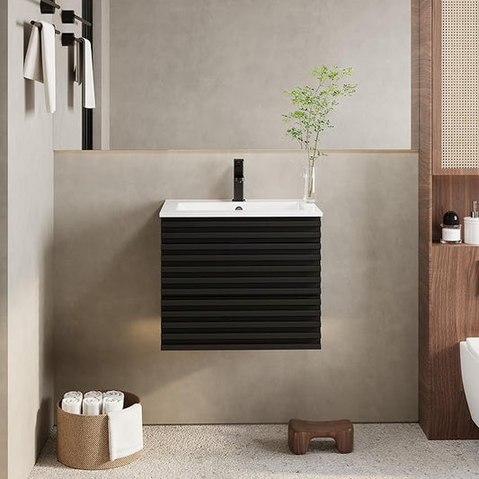 eclife 24" Floating Bathroom Vanity with Sink Combo Mid-Century Wall Mounted Cabinet with Wood Stripes Decor, Drawers, Undermount Sink, Faucet, Drain, Black