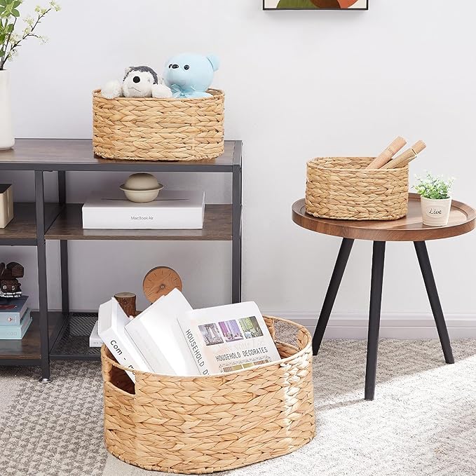 Vagusicc Wicker Basket, 3-Pack Hand-Woven Water Hyacinth Wicker Storage Basket with Handles, Large Woven Storage Baskets for Shelves, Round Storage Baskets for Organizing & Decor