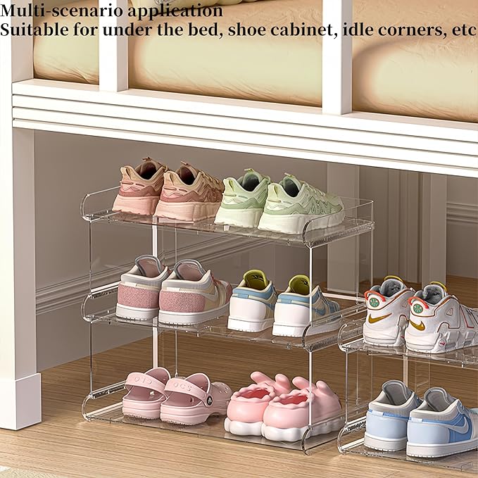 4 Tiers Acrylic Kids Shoe Rack,Shoe Organizer Storage for Shoe and Boot,Clear Shoes Shelf for Closet,Shoe Organizer for Entryway,for Hallway,Small Spaces,Garage,Closet (Clear, Medium, 4)