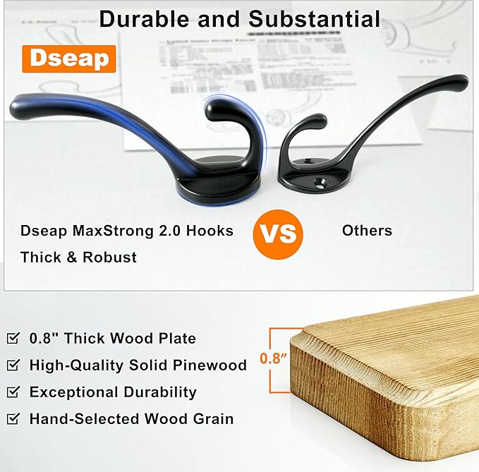 Dseap Coat Rack Wall: Patented, Heavy-Duty, 17.4" Long 5-Double-Hooks Wooden Wall Mounted Coat Rack Coat Hanger Hook Rail for Winter Coats Hat Jacket Clothing, White & Black
