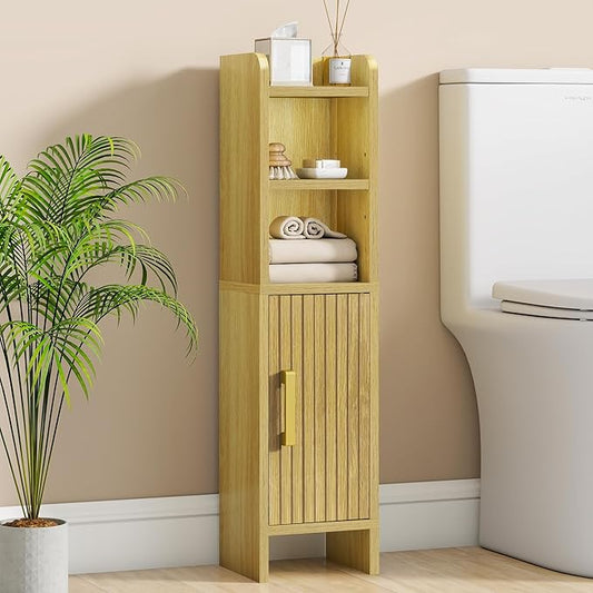 Small Bathroom Storage Corner Floor Cabinet Narrow Toilet Paper Cabinet with Adjustable Shelves Wooden Slim Bathroom Organizers and Storage with Fluted Door for Small Spaces, Wood