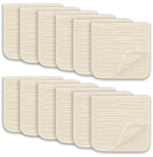 Muslin Burp Cloths Large 100% Cotton Hand Washcloths for Boys & Girls, Baby Essentials Extra Absorbent and Soft Burping Rags for Newborn Registry (Ivory, 12-Pack, 20" X10")