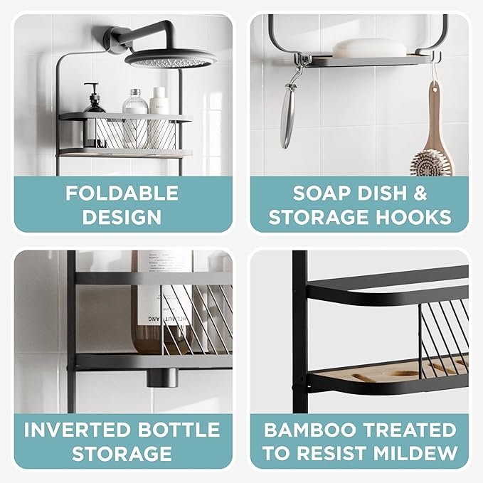Zenna Home Hanging Shower Caddy, Over The Shower Head Caddy with 2 Bamboo Shelves and Soap Dish, Easy to Install Bathroom Hanging Organizer, Matte Black
