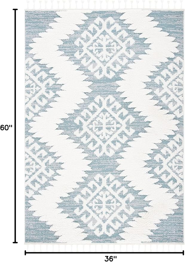 SAFAVIEH Moroccan Tassel Shag Collection Accent Rug - 3' x 5', Teal & Ivory, Non-Shedding & Easy Care, 2-inch Thick Ideal for High Traffic Areas in Entryway, Living Room, Bedroom (MTS652K)