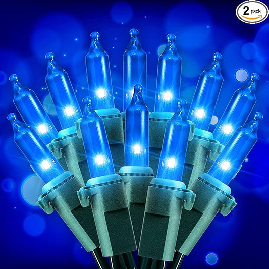 Hopolon Blue Christmas String Lights, 2PACK 50-Count Incandescent Mini Fairy Lights Set, Green Wire Lights for Indoor Outdoor Halloween Holiday Home Xmas Tree Patio Décor (2pcs Blue)