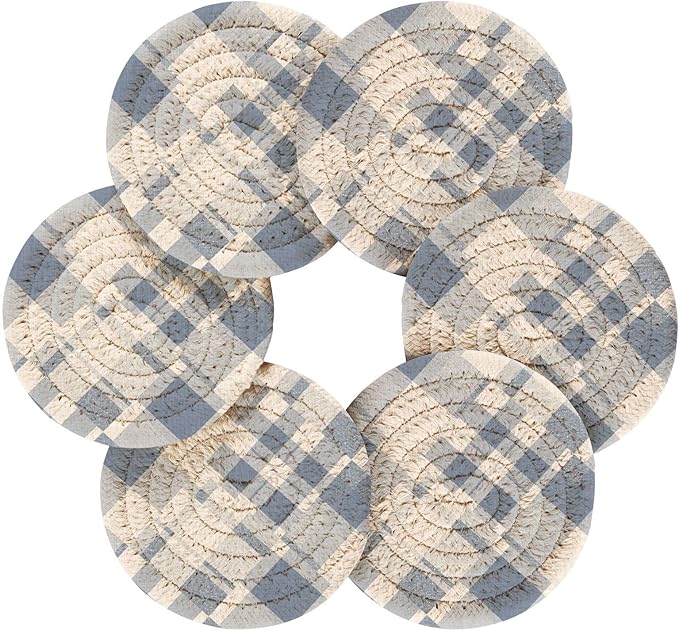 Handmade Cotton Absorbent Coaster Set of 6, Blue Plaid Drink Coasters, Minimalist Home Decor for Coffee Table, Kitchen, Housewarming and Wedding Registry Ideas