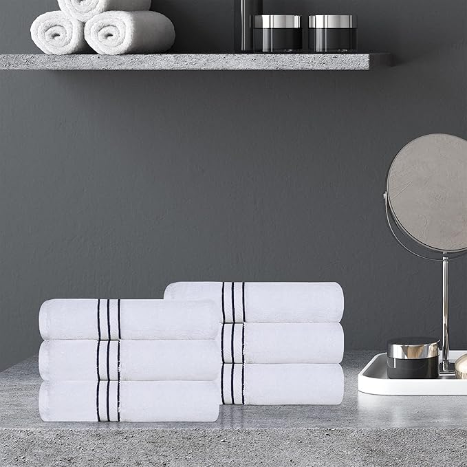 Superior Hotel Turkish Cotton 6 Piece Hand Towel Set, Ultra Plush Spa Quality Heavyweight Essentials for Vanity, Thick Absorbent and Soft, Dobby Border, Includes 6 Hand Towels, Navy Blue