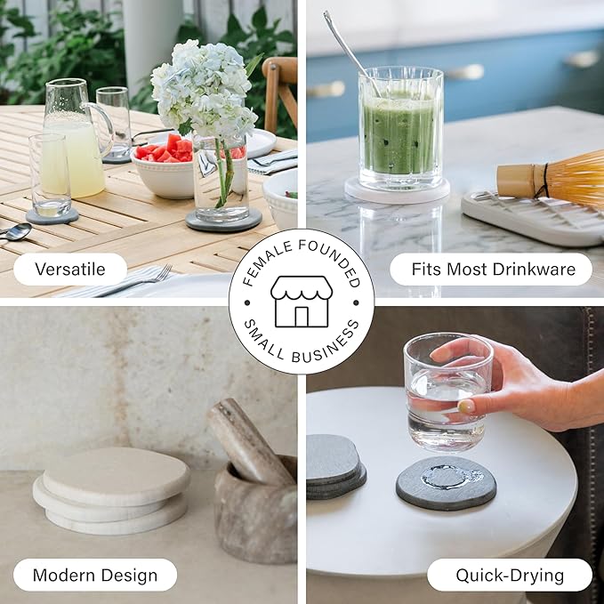 Dorai Home Stone Coaster Set – 4 Absorbent Diatomite Coasters for Instant Drying, Modern Design, Slate