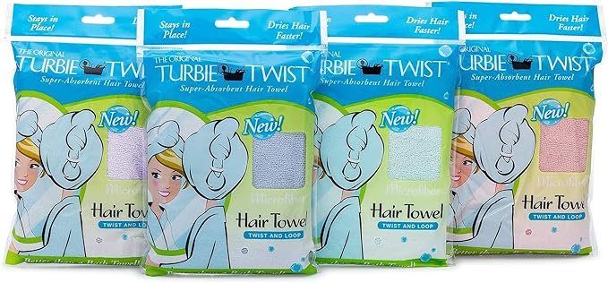 Turbie Twist 4-Pack Microfiber Hair Towel for Beauty, Travel, Gifting - Hair Wrap Turban for Straight, Wavy & Curly Hair - Premium Personal Care - Pink, Purple, Blue & Aqua
