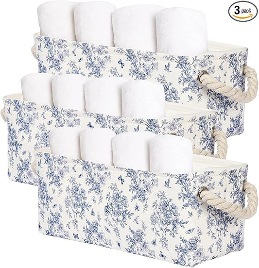3PC Floral Narrow Storage Bins 15x6x5 inch Blue Flower Small Basket for Closet,Cabinet,Countertop Organizing Small Items Fabric Organizer with Handles, Toilet Paper Storage (Blue flower)