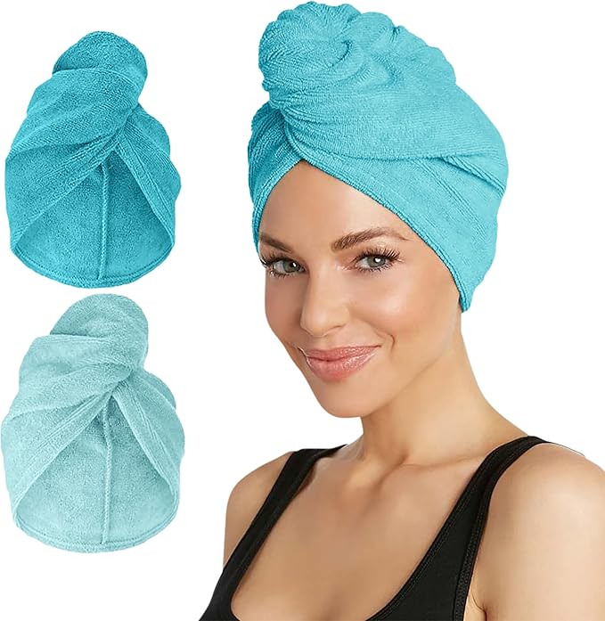 Turbie Twist 2-Pack Microfiber Hair Towel for Beauty, Travel, Gifting - Hair Wrap Turban for Straight, Wavy & Curly Hair - Premium Personal Care - Dark Aqua & Light Aqua
