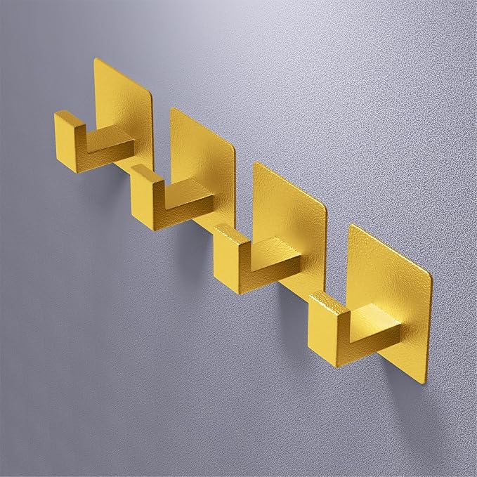 VAEHOLD 6PACK Adhesive Towel Hooks, Heavy Duty Wall Hooks Aluminum Black Hooks for Hanging Coat, Hat, Towel, Robe, Clothes, Shower Hook for Door, Office, Kitchen, Bathroom (Gold)