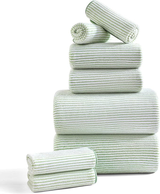 8-Piece Premium Towel Set for Bathroom|2 Oversized Large Bath Sheet,2 Hand Towels,4 Washcloths|Soft Cozy Highly Absorbent Fast Dry Microfiber Shower Towel Set for Hotel Bathroom Essentials,Green White