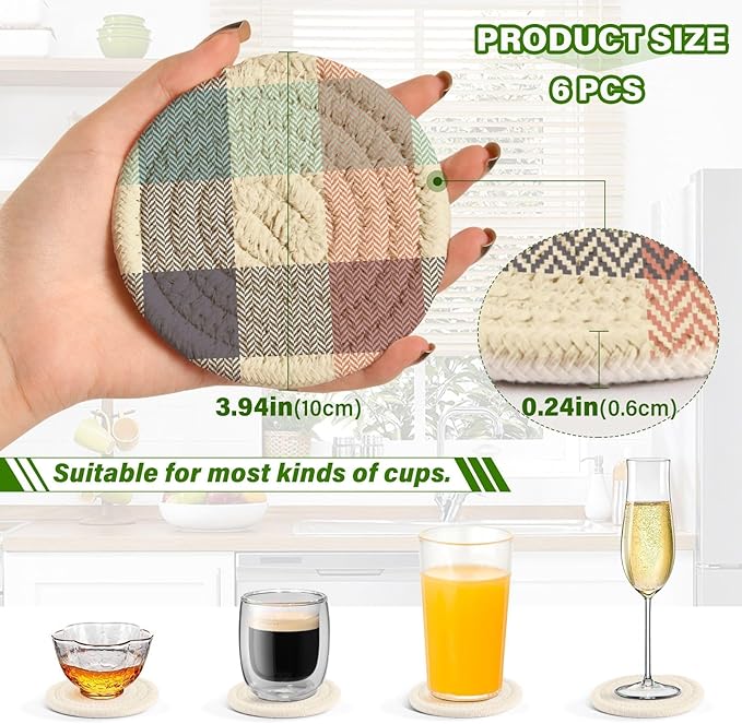 Buffalo Plaid Blue Orange Drink Coasters, Handmade Cotton Absorbent Coaster Set of 6, Minimalist Home Decor for Coffee Table, Kitchen, Housewarming and Wedding Registry Ideas