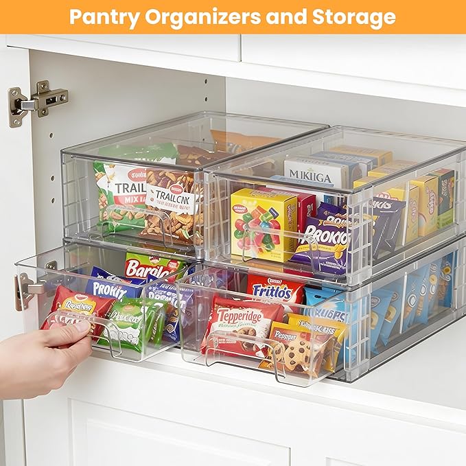 4 Pack Stackable Storage Drawers,Plastic Organizers Bins, Drawers Storage with Handles and Movable Dividers for Organization and Storage in Fridge,Bathroom, Pantry, Kitchen Cabinets, Under Sink