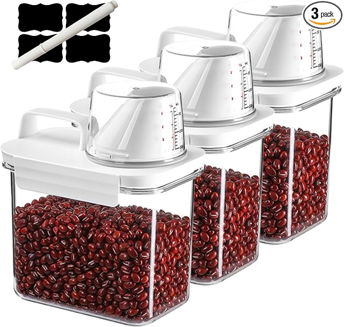 Air Tight Cereal Container Organizer Set of 3-1100ML Total 111oz, Dry Food Storage for Pet Food, Rice, Oatmeal with Pour Spout Lid & Small Plastic Measuring Cup for Flour and Sugar