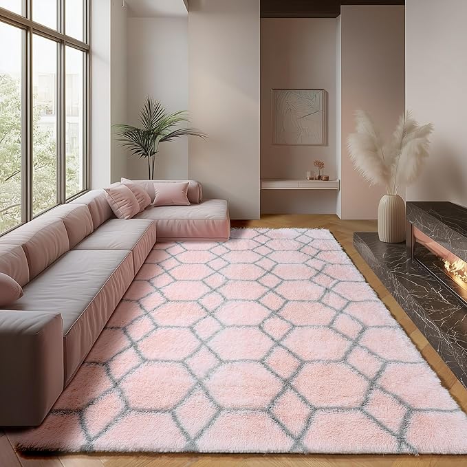 ONASAR 6x9 Area Rugs for Living Room Bedroom, Large Fluffy Pink and Grey Throw Rug, Geometric Soft Plush Shaggy Fuzzy Floor Carpet for Nursery Kids Girls Boys Teen Dorm Home Office Decor
