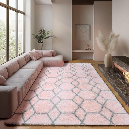 ONASAR 7x9 Area Rugs for Living Room Bedroom, Large Fluffy Pink and Grey Throw Rug, Geometric Soft Plush Shaggy Indoor Floor Carpet for Nursery Kids Girls Boys Teen Dorm Home Decor Aesthetic