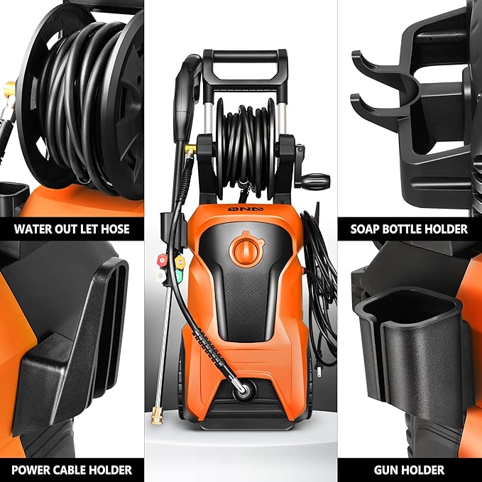 DNA Motoring TOOLS-00230 Up to 2176 PSI Pressure 2.4 GPM Max Flow Electric Pressure Washer for Yard and Car Cleaning with Spray Nozzle Foam Bottle + 4 Turbo Nozzles IPX5 Driveway Patio Deck(Orange)