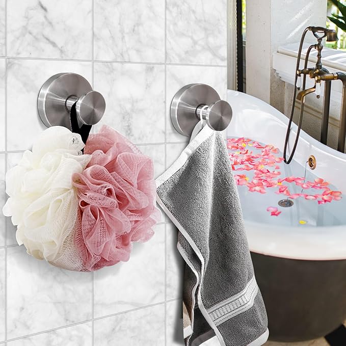 5 Pack Suction Cup Hooks for Shower, Suction Cup Towel Hooks for Bathrooms,Adhesive Wall Hook, SUS304 Waterproof Stainless Steel Hooks for Bathroom, Bedroom, Kitchen, Hotel and Office