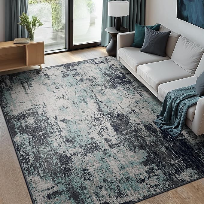 Washable Area Rugs 10'x14 Non-Slip Modern Abstract Soft for Living Room Entryway Bedroom Nursery, Print Pattern, Blue Black Teal