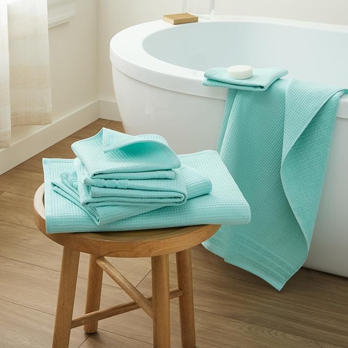 Town & Country Basics 6-Piece Assorted Waffle Woven Terry Stripe Set, 2 Bath Towel, 2 Hand Towel, 2 Washcloth, 100% Cotton, Quick Dry, Aqua