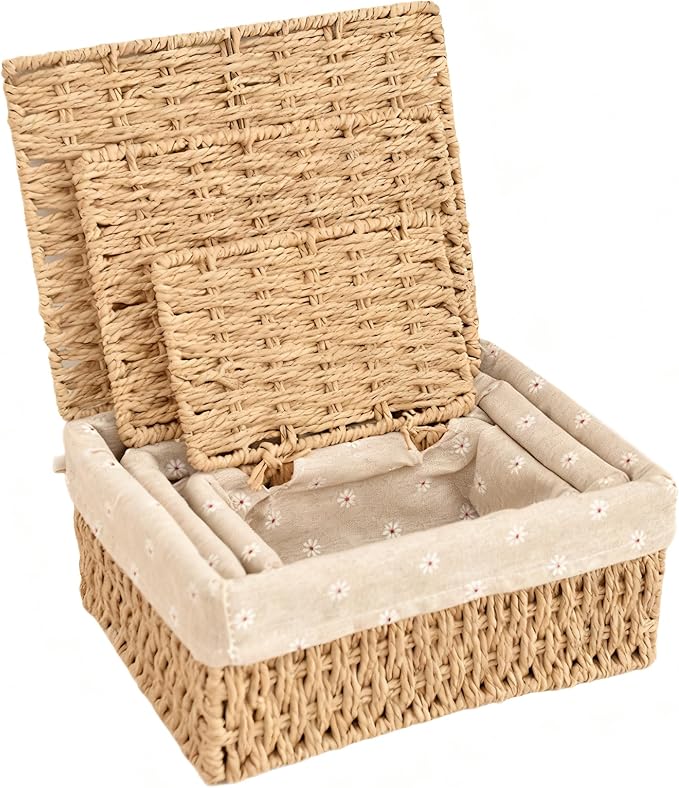 Wicker Shelf Basket with Lid Paper Storage Baskets for Shelves Large Storage Bin with Removable Liner Nesting Decorative Woven Basket for Makeup Closet Organizer (Large, Khaki)