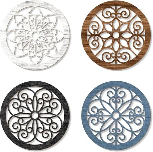 Zzbakress 4 Pieces Farmhouse Wall Decor Rustic Circle Wall Decor Wooden Hollow Carved Round Wall Art for Living Room Bedroom Kitchen Bathroom Home Wall Decoration (Elegant, Colorful)