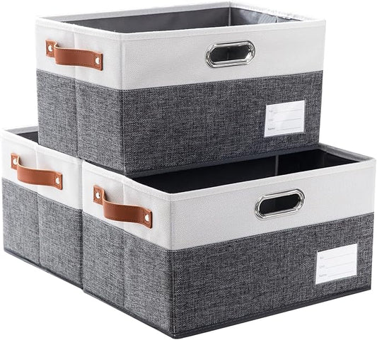PRANDOM Larger Foldable Storage Bins with Handles [3-Pack] Fabric Collapsible Storage Boxes Baskets Cubes Containers with Handles for Closet Living Room Bedroom (Grey & White 17.3x12.2x10.4')
