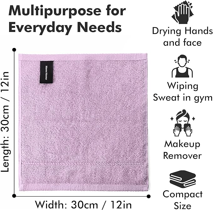 Face Towels Pack of 12 – 100% Cotton Wash Cloths (12x12 inch) – Soft, Quick Dry & Highly Absorbent Hand Towels for Bathroom, Spa, Gym, Kitchen and for Daily Use - (Lilac)