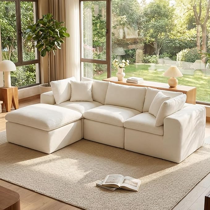 Cloud Couch Sectional Sofas for Living Room, Cream White Modular Sectional Sofa Couch Set with Ottoman, Deep Seat L Shaped Couch Bed, Boneless Convertible Sofa Couch for Apartment Furniture