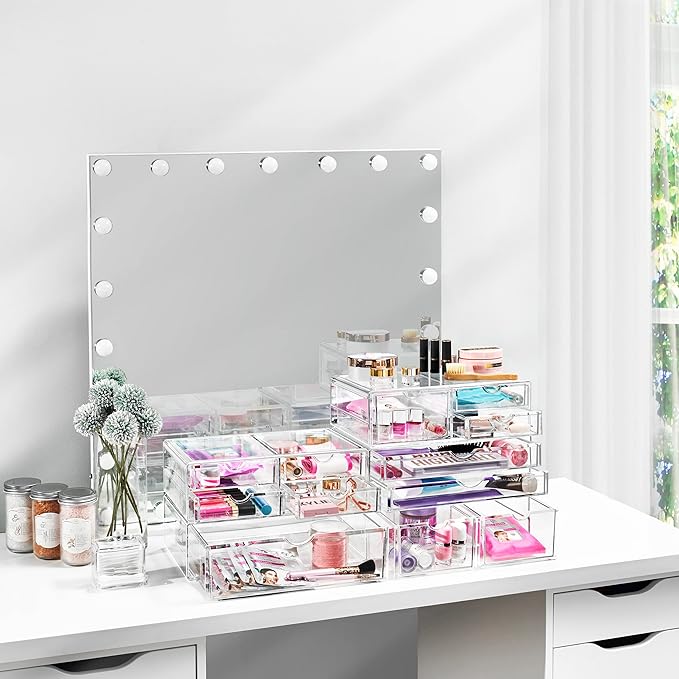 Sorbus Large Stackable Acrylic Drawers - 4 Clear Storage Drawers for Organizing Make up, Nail Polish, Hair Accessories, and Beauty Supplies - Makeup Organizer for Vanity, Bathroom Organizer Countertop