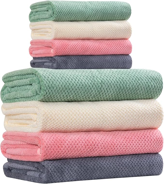 Microfiber Bath Towels 4 Colors for Shower Pool Beach Bathroom Super Absorbent,Soft,Quick Dry,Lightweight,Plush，4 Bath Towels and 4 Hand Towels