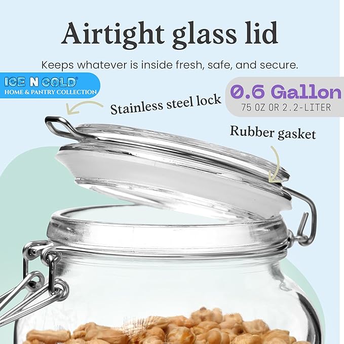 Airtight Glass Storage Jars with Clamp Lid – Food Storage Containers with Rubber Gasket Seal – Pantry & Kitchen Canisters for Dry Goods, Coffee, Sugar, Pasta – 0.4L to 4L Sizes (4, 75oz | 2.2L)
