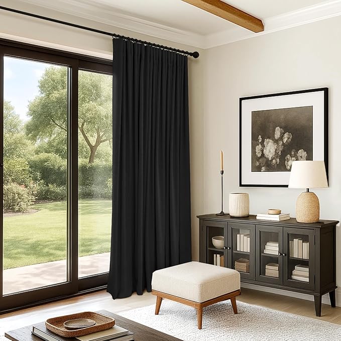INOVADAY 100% Blackout Curtains for Bedroom, Black Out Curtains 84 Inch Long, Clip Rings Linen Blackout Drapes, Thermal Insulated Room Darkening for Living Room, 1 Panel - Black,W102xL84