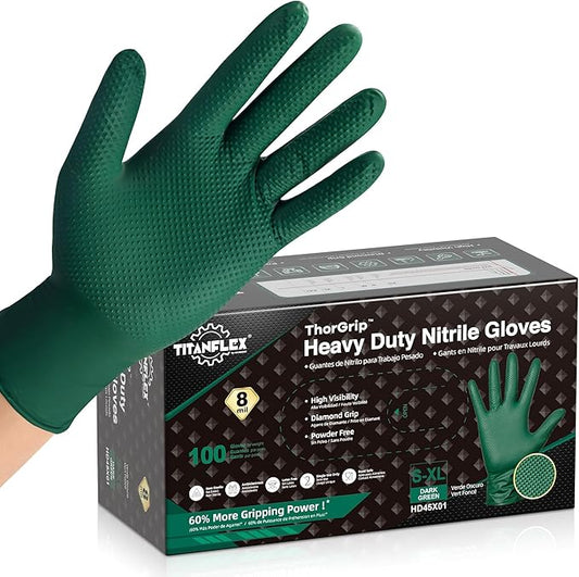 TitanFlex Heavy Duty Industrial Nitrile Gloves with Raised Diamond Texture, 8-mil, Latex Free (Green/Dark Green/Yellow)