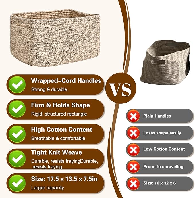 2 Pack Large Storage Basket for Organizing, 17.5"x13"x7" Woven Basket for Shelves, Closet Cube Storage Bins with Wrapped Handle, Cotton Rope Baskets for Kitchen, Clothes, Toys (Natural))