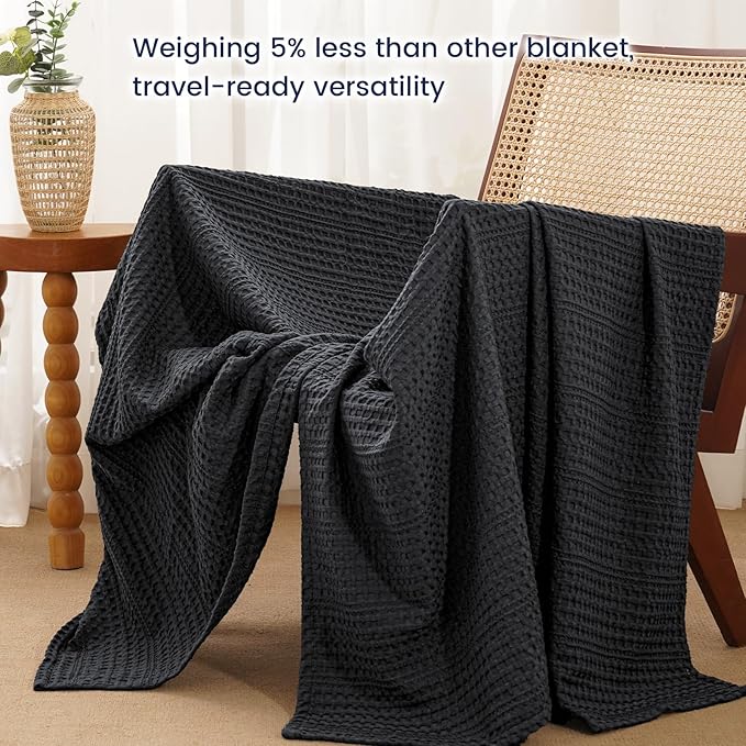 PHF Lightweight Waffle Weave Throw Blanket 50"x 60", Soft Woven Summer Blanket for Hot Sleepers - Aesthetic Home Decor for Couch Bed Sofa, Pet Friendly, Black