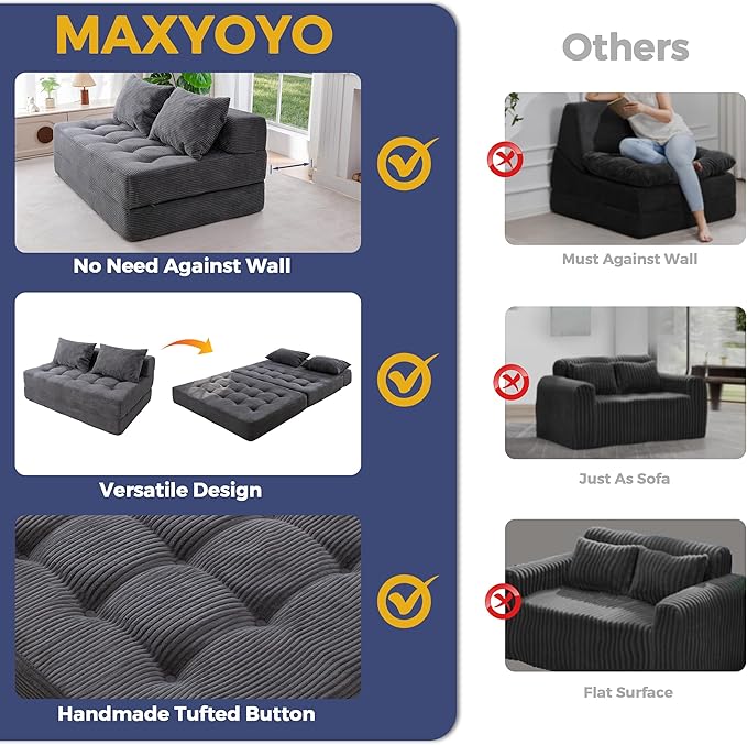 MAXYOYO Folding Sofa Couch, Convertible Floor Sleeper Couch with 2 Pillows, Tufted Floor Loveseat Couch Tufted Fold Out Chair Bed Comfy Sofa Lounge for Living Room Bedroom, Dark Grey